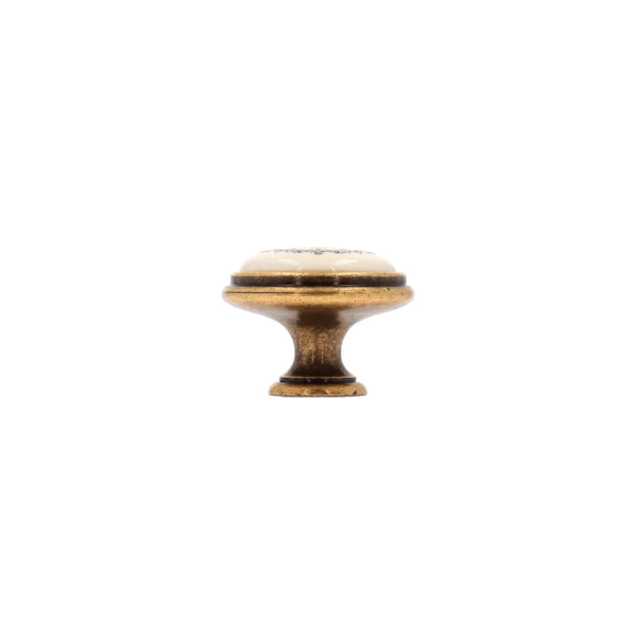 Round Cabinet Knob with Porcelain – Antique Brass with Vintage Patina | HH216