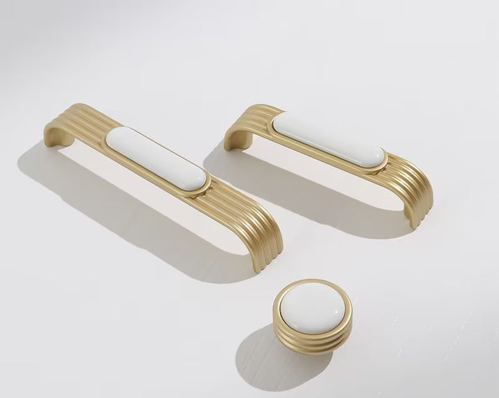 Art Deco Satin Brass & White Ceramic Cabinet Pulls