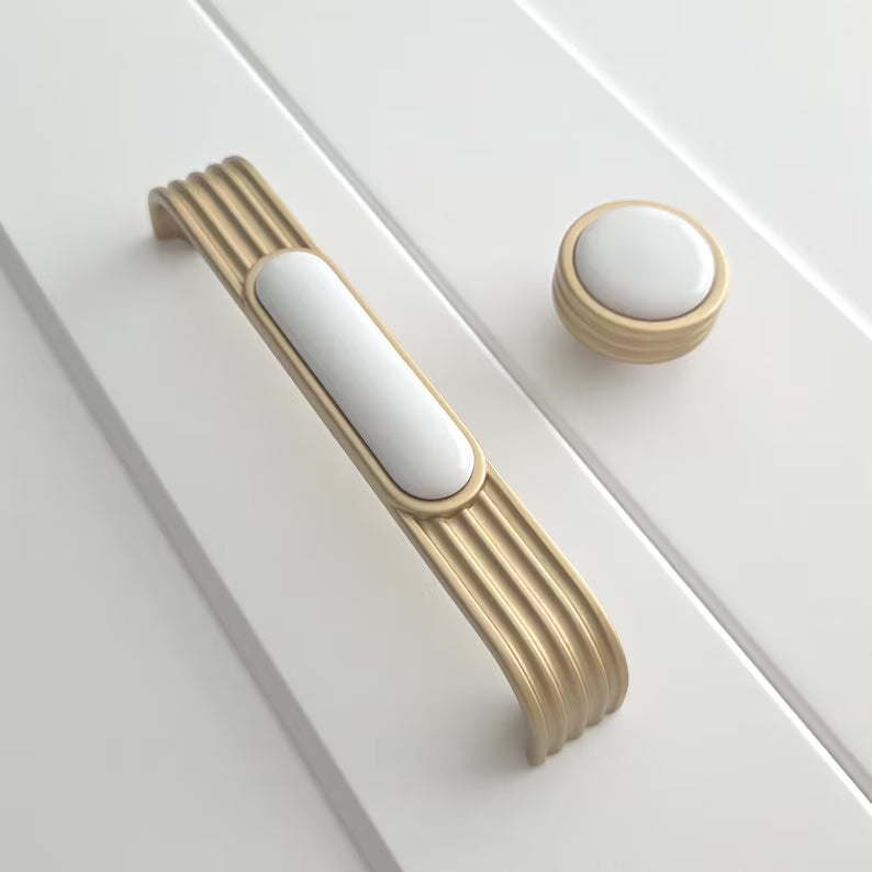 Art Deco Satin Brass & White Ceramic Cabinet Pulls