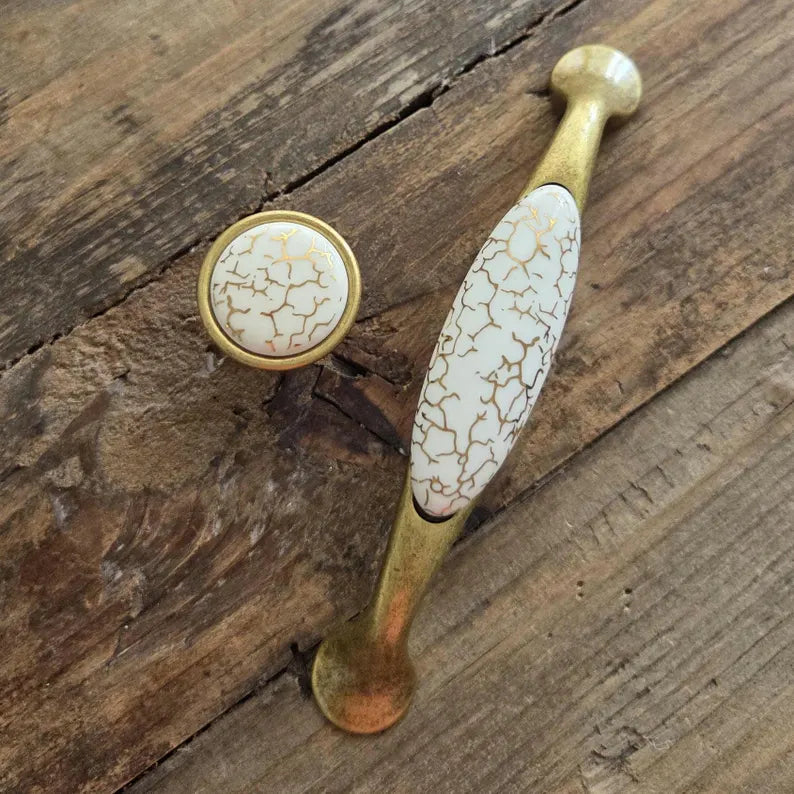 Antique Brass & Ceramic French Country Cabinet Pulls – Crackle Glaze