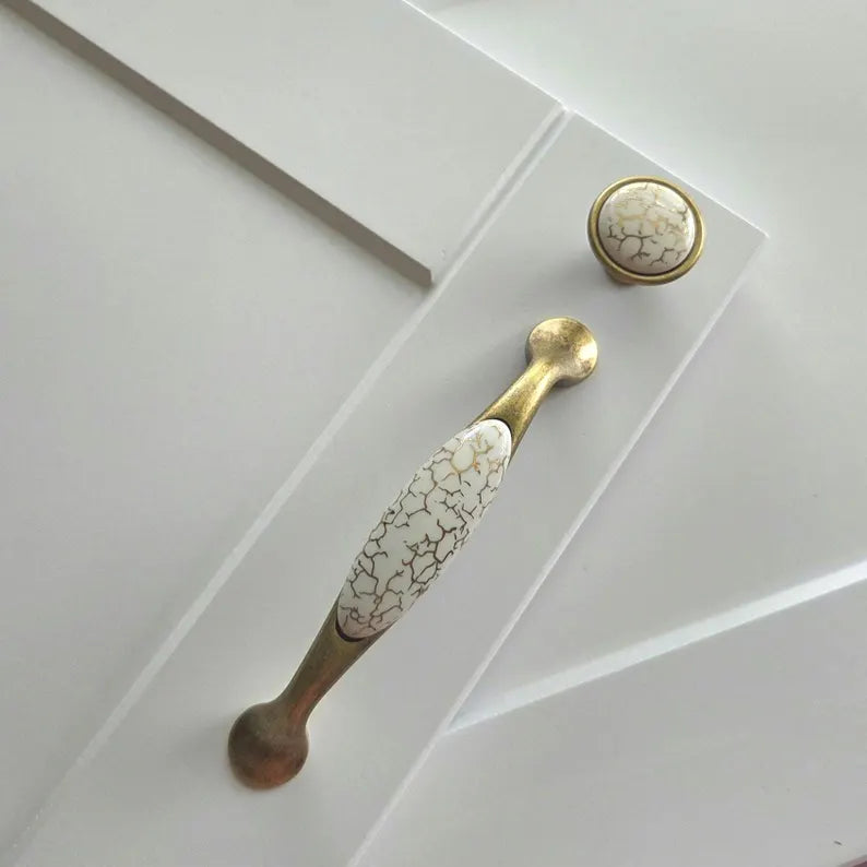 Antique Brass & Ceramic French Country Cabinet Pulls – Crackle Glaze